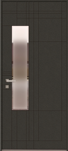 Porte d'entrée hybride en bois aluminium Minco modèle Lariva 7. Porte avec vitrage discret qui respecte l'intimité de la maison. Des lignes rainurées décorent la porte.
