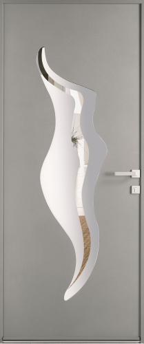 Porte d'entrée hybride en bois aluminium Minco modèle Natura 10. Porte avec vitrage en forme de flamme, porte à l'inspiration naturelle.