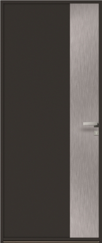 Porte d'entrée hybride en bois aluminium Minco modèle Strato 15. Porte avec insert aluminium décoratif sur toute la hauteur.
