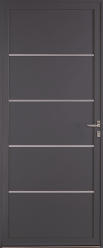 Porte d'entrée hybride en bois aluminium Minco modèle Strato 20. Porte avec inserts décoratifs : des lignes en aluminium.
