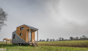 Tiny house dans un champ, bardage bois et menuiseries bois alu minco.